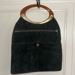 Vintage 60s/70s Walborg black suede leather purse and‎ with brown plastic handle
